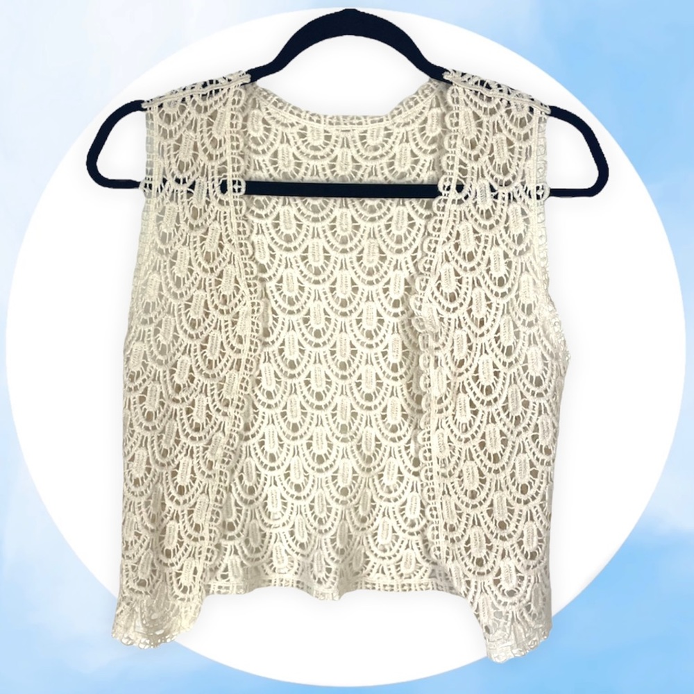 Cream Open Knit Crochet Scallop Vest Boho Hippie Cotton